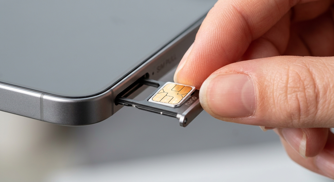 תקריב של אצבעות מכניסות כרטיס נאנו סים (Nano SIM) למגירת הסים במכשיר סמארטפון.