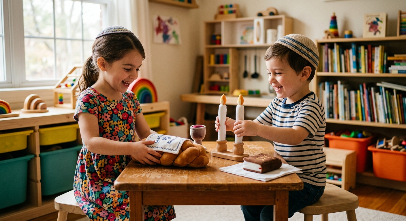 ילד וילדה חובשים כיפות וצוחקים בזמן שהם משחקים בסט צעצועי שבת הכולל חלה מבד, נרות שבת מעץ וגביע קידוש על שולחן ילדים בחדר משחקים.